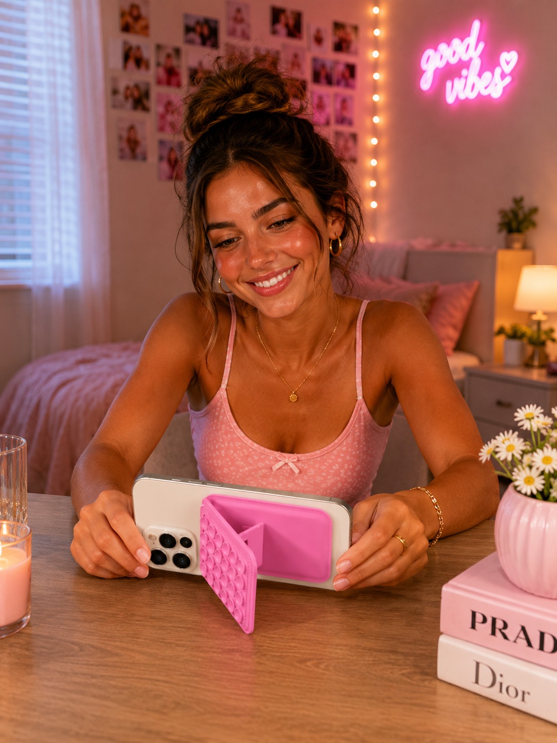PocketPop propping up a phone on a desk for hands-free FaceTime